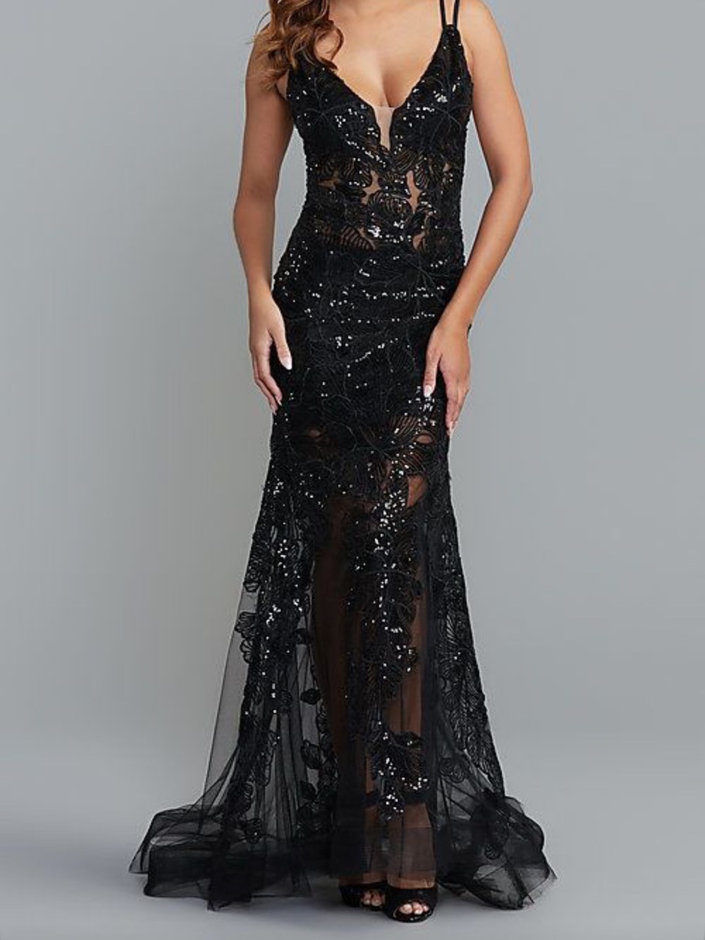 Black Sequin Lace Prom Gown with Plunging V-Neck